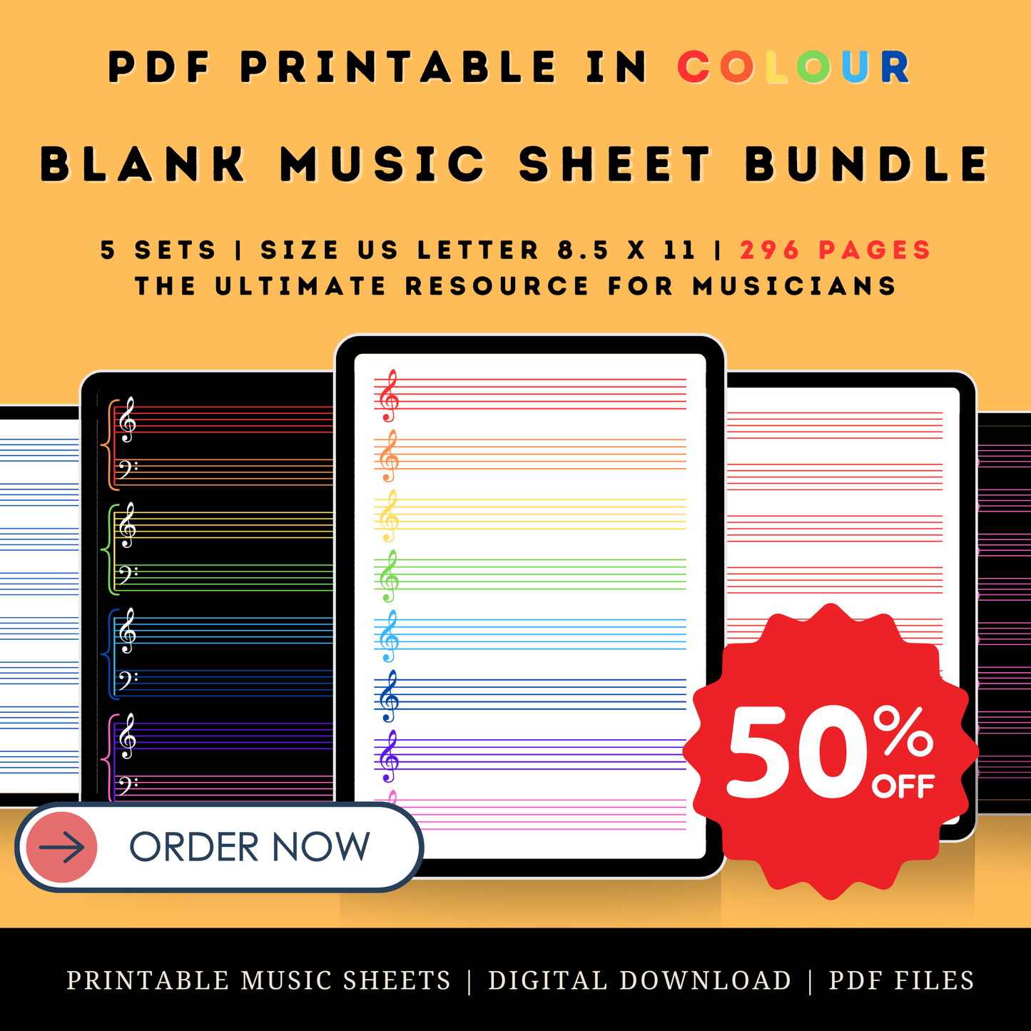 Colourful Blank Sheet Music Bundle I 296 Pages I 5 Sets With 8 Staves I US Letter 8.5 x 11 I Colourful Music Sheets I PDF Blank Music Sheets I Digital Download I Students Music Teacher Musician Composer